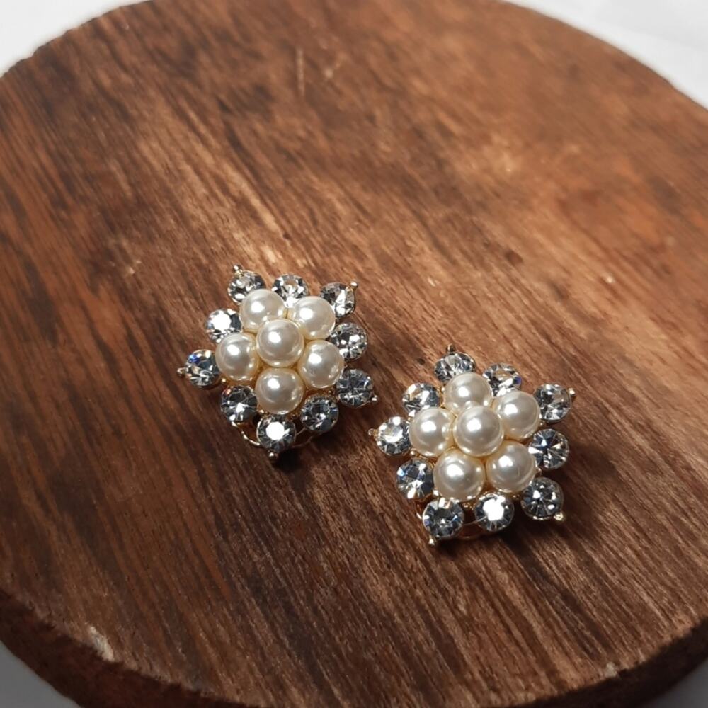 Dainty Rhinestone and Faux Pearl Button Earrings Gold Tone Clip Back